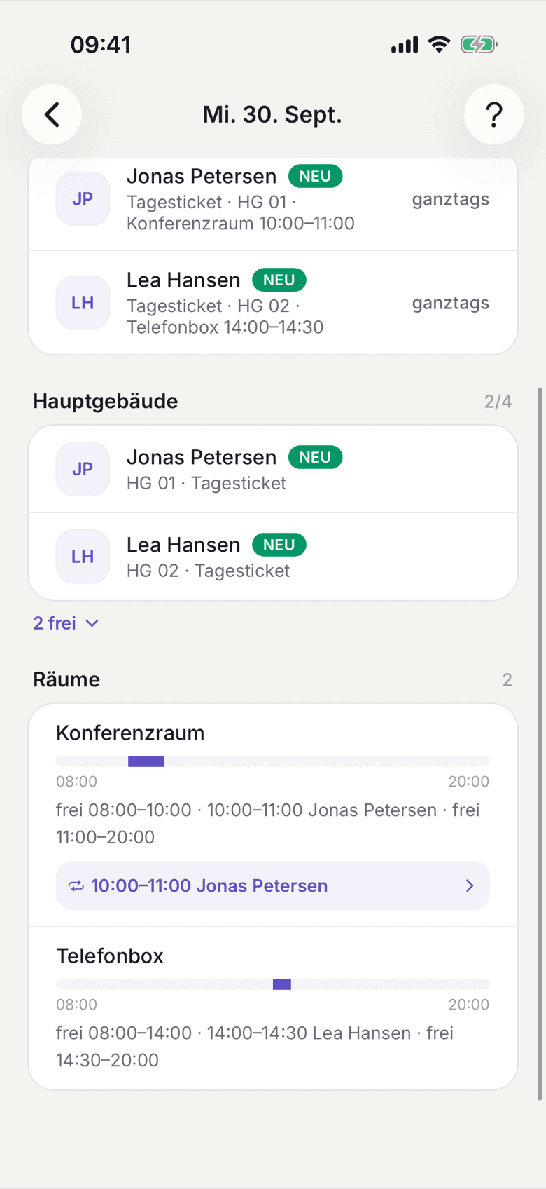 Tagesbelegung mit den Räumen und einem Serientermin