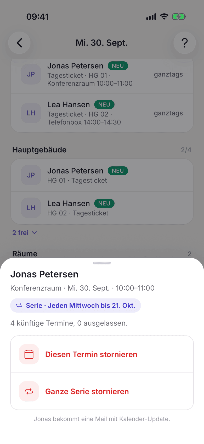 Blatt zu einem Serientermin mit den beiden Stornoknöpfen