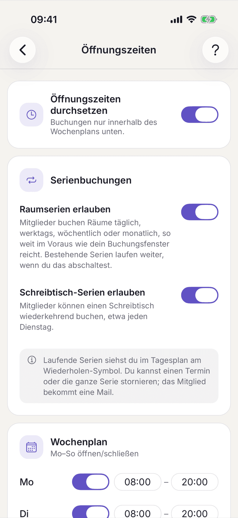 Karte Serienbuchungen mit den Schaltern Raumserien erlauben und Schreibtisch-Serien erlauben