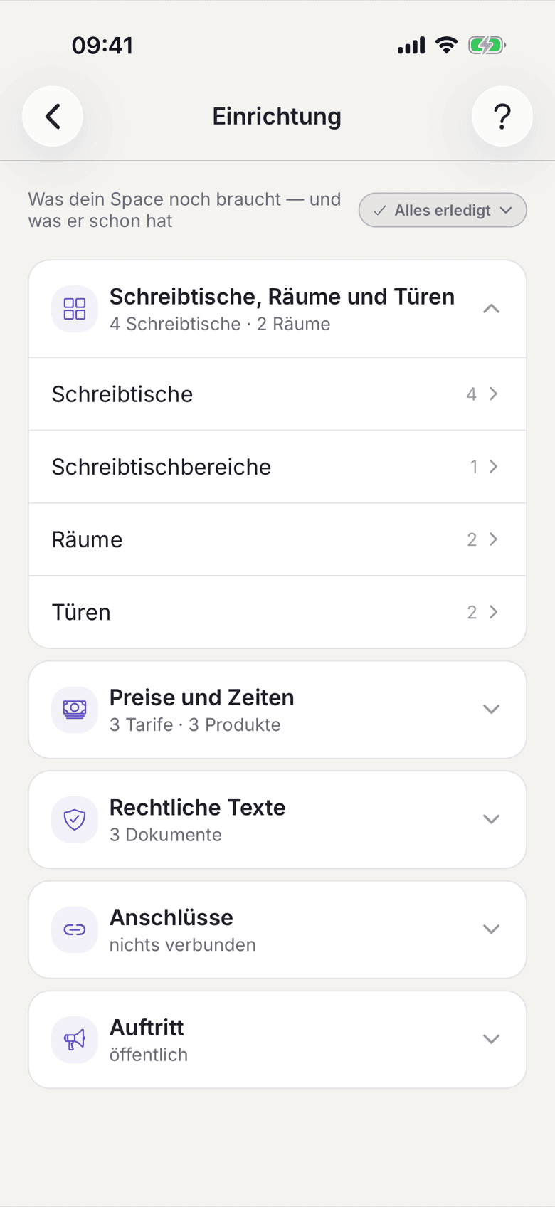 Abschnitt Schreibtische, Räume und Türen mit den Zeilen Schreibtische und Schreibtischbereiche