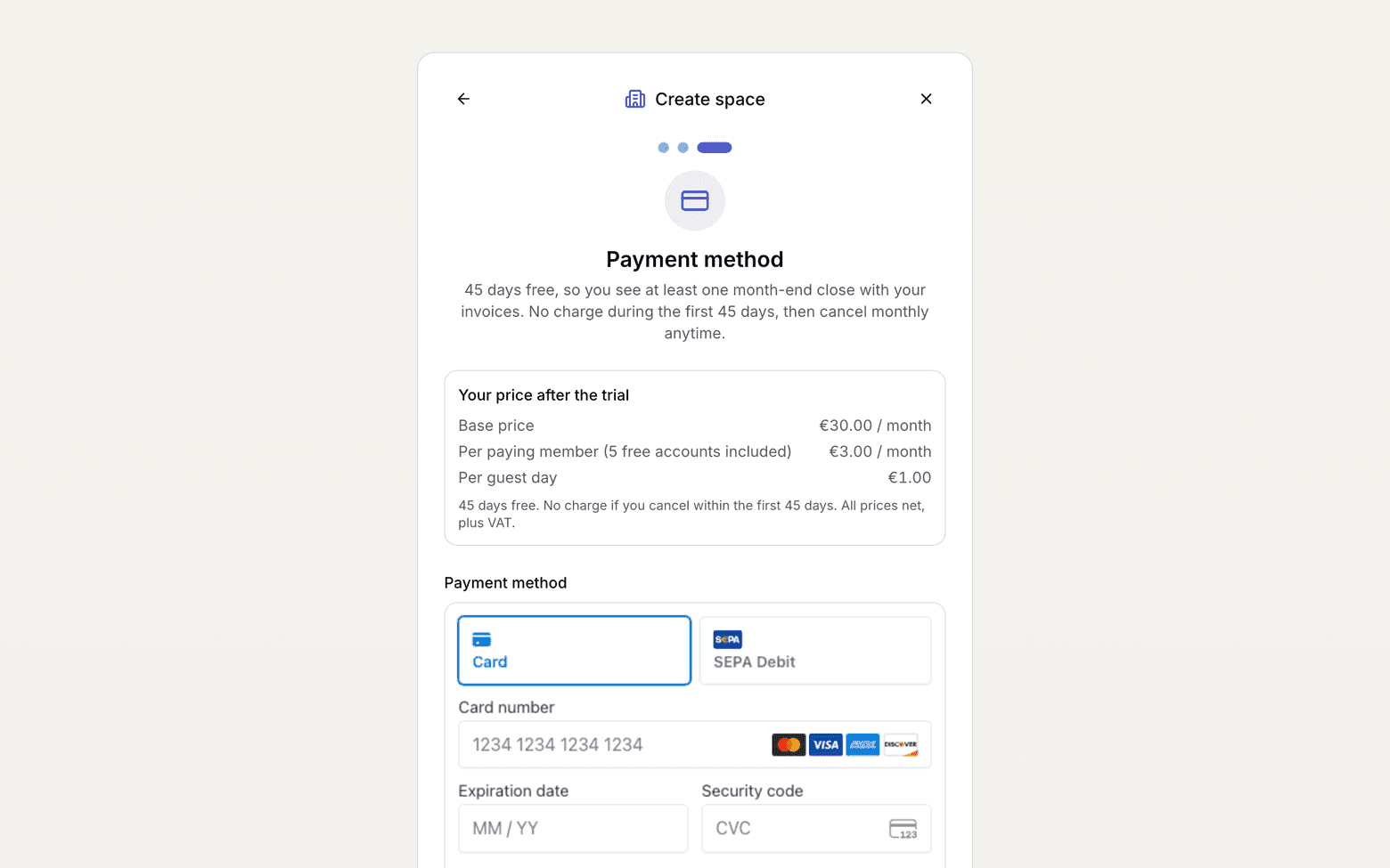 Third wizard step with the payment form
