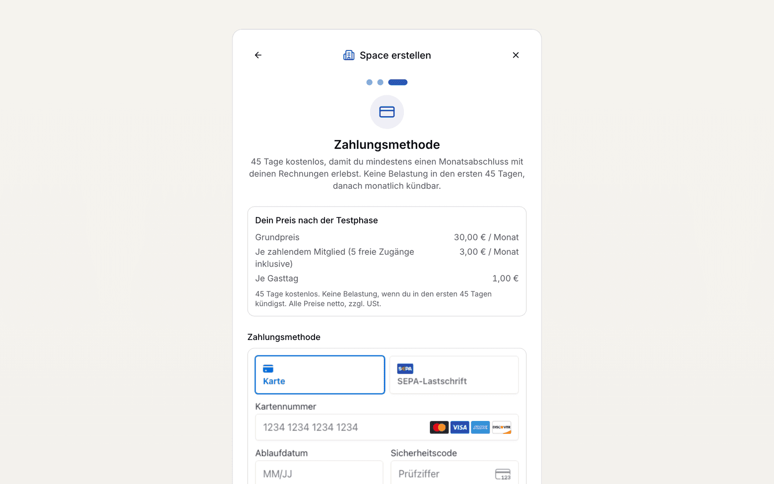 Dritter Schritt des Assistenten mit dem Zahlungsformular