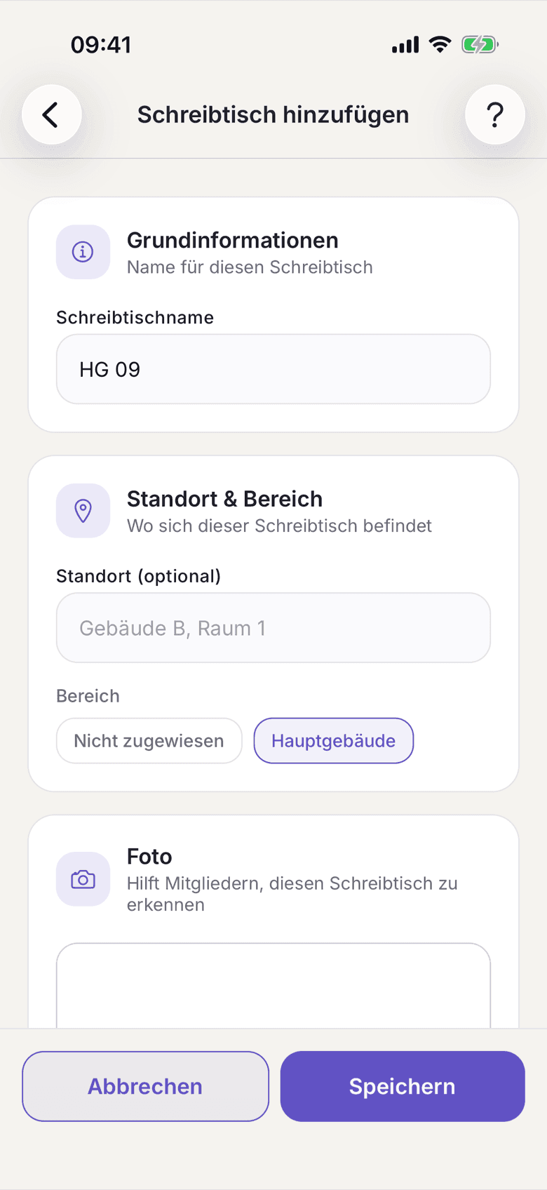 Formular Schreibtisch hinzufügen mit Schreibtischname, Standort und Bereich