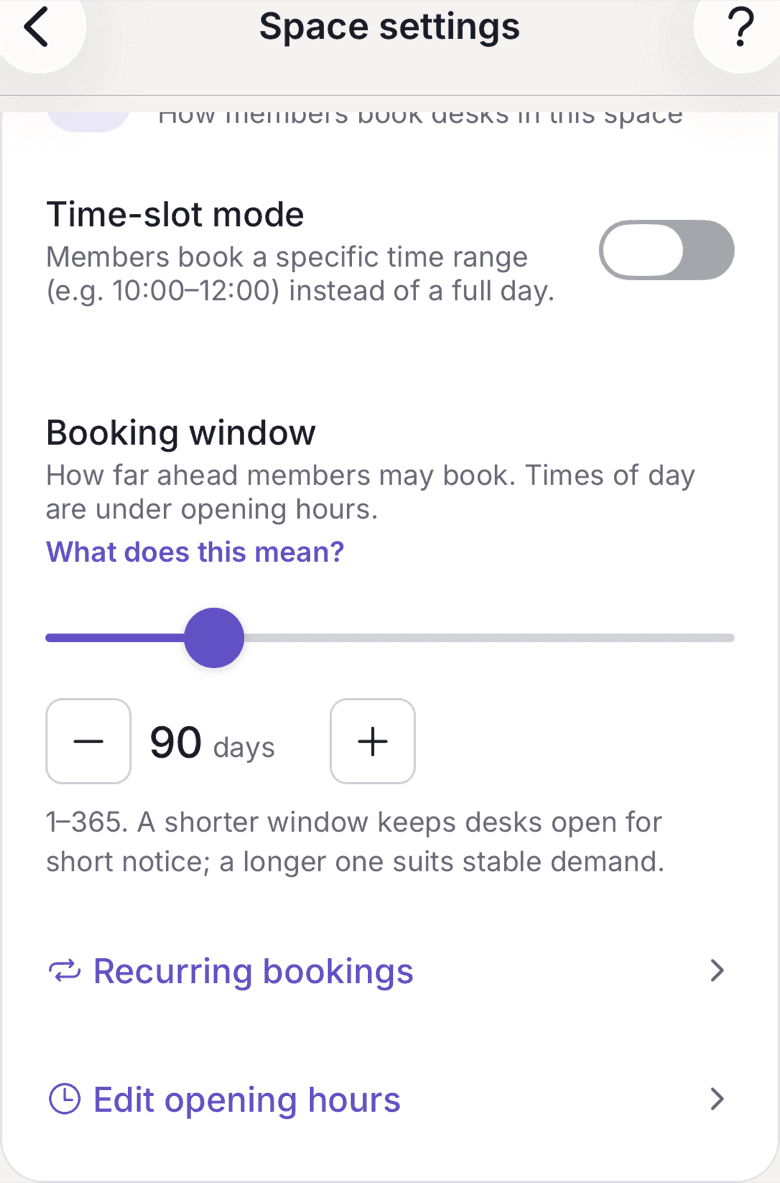 Booking window section with the slider and the number of days