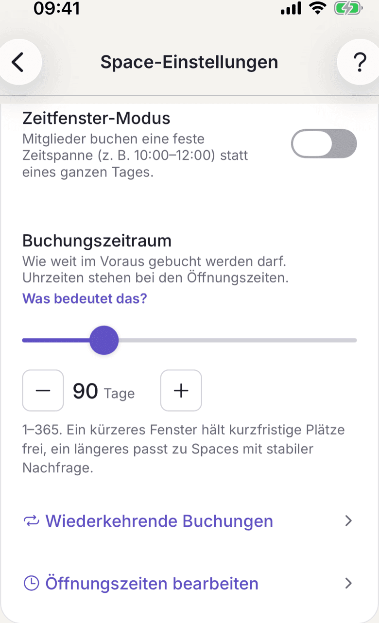 Abschnitt Buchungszeitraum mit Regler und der Zahl der Tage