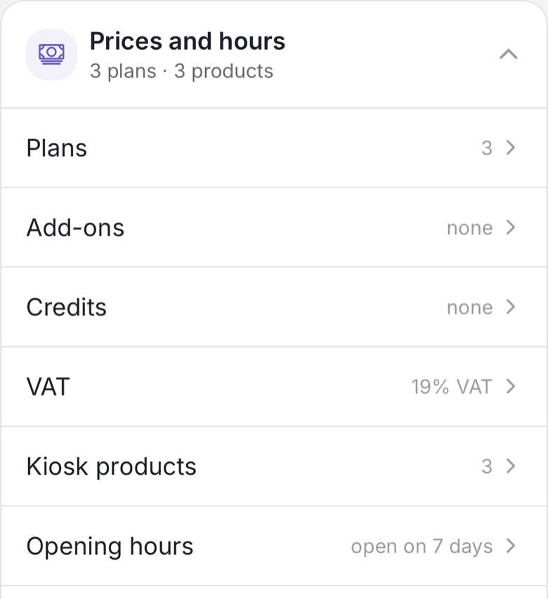 Setup, section Prices and hours with the Opening hours row