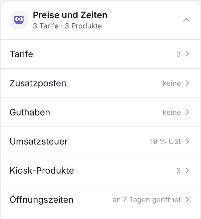 Einrichtung, Abschnitt Preise und Zeiten mit der Zeile Öffnungszeiten