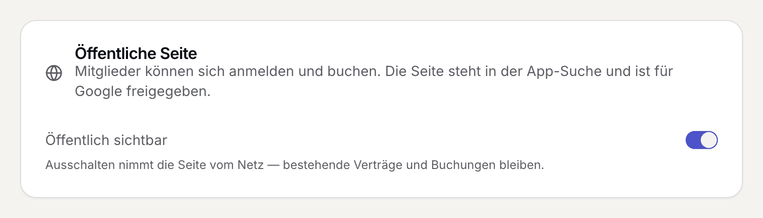 Die Karte Öffentliche Seite mit dem Schalter