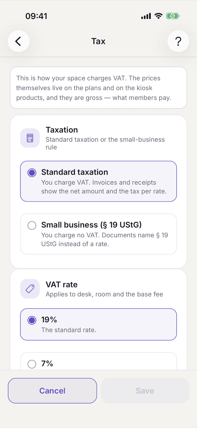 The Tax screen with the Taxation and VAT rate sections