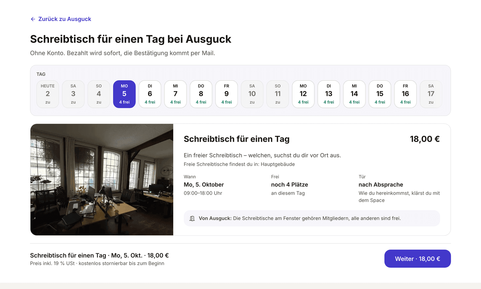 Das Tagesticket mit gewähltem Tag: freie Plätze, Bereich, Preis und euer Hinweis für Tagesgäste.