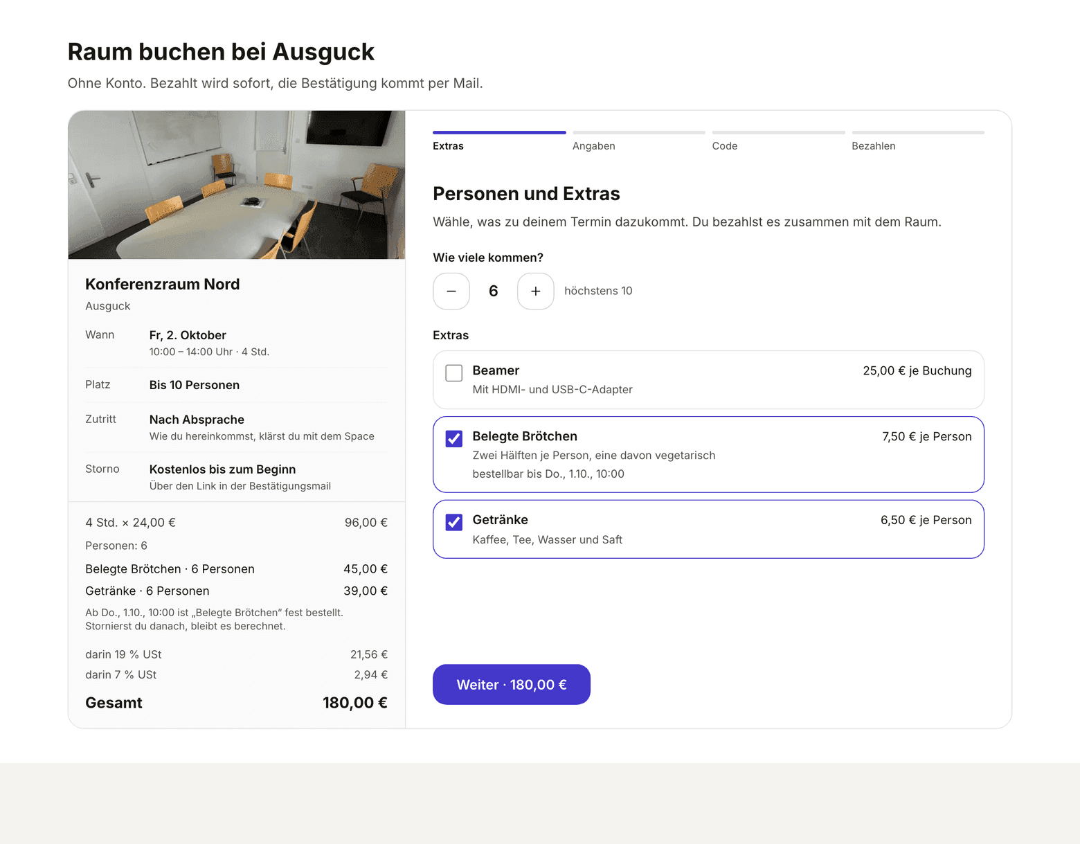 Der Schritt „Personen und Extras“: sechs Personen, Brötchen und Getränke, der Knopf nennt die Summe.