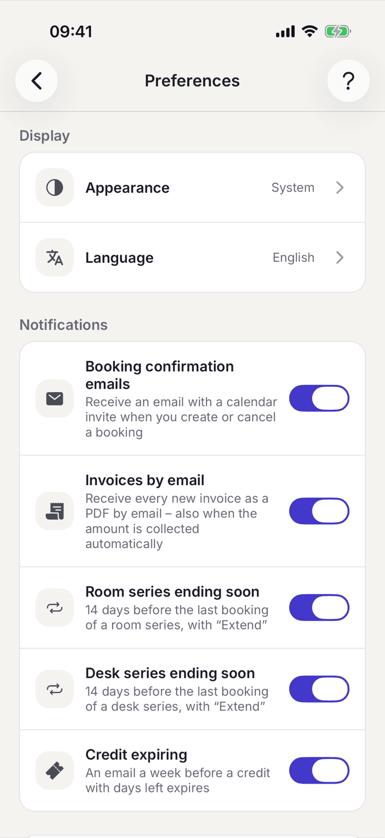 Settings with the Notifications section and its email switches