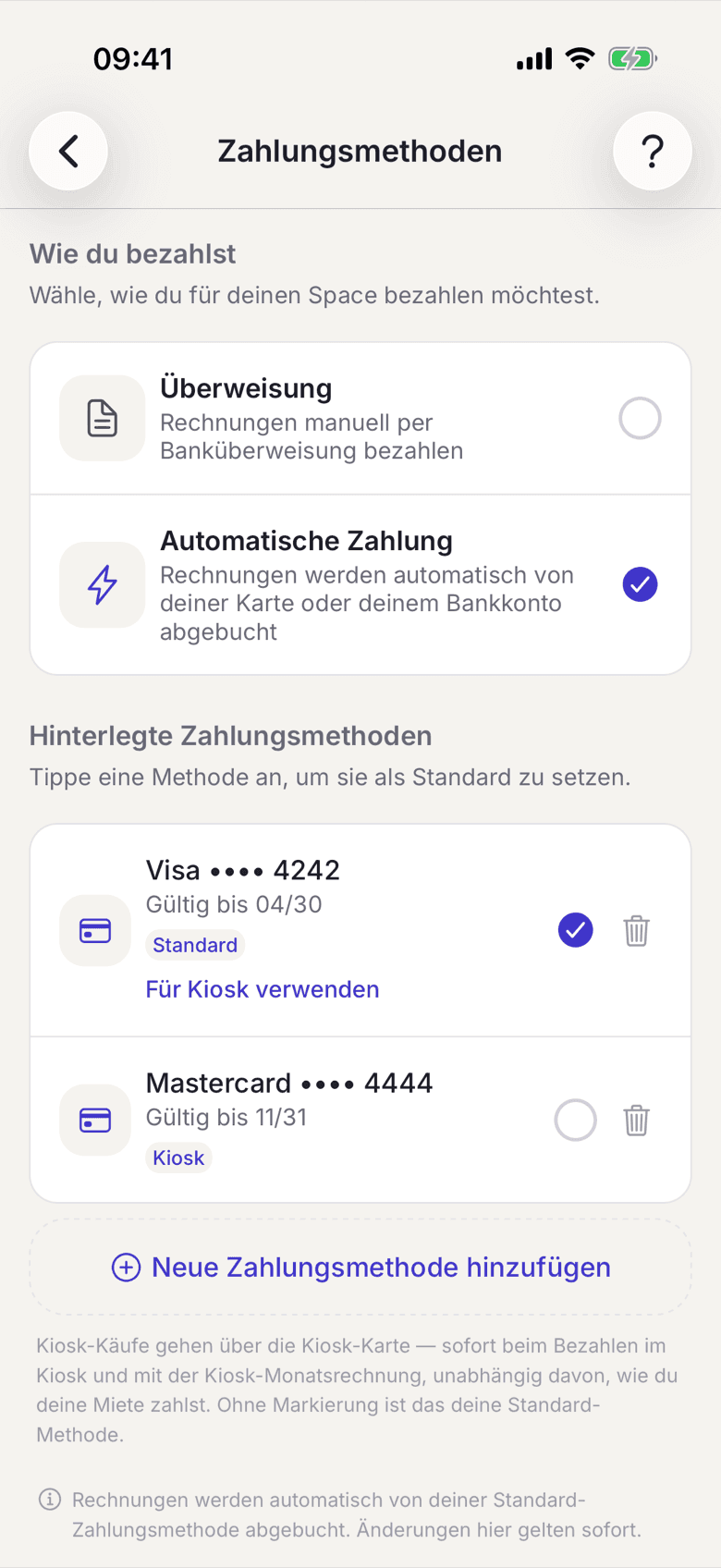 Liste der Zahlungsmethoden mit dem Kiosk-Abzeichen an einer Karte
