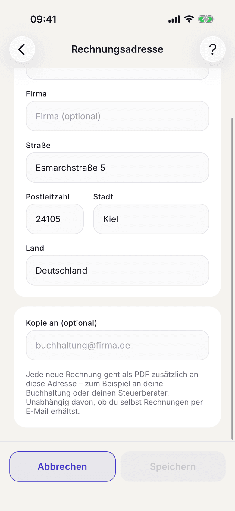 Rechnungsadresse mit dem Feld Kopie an