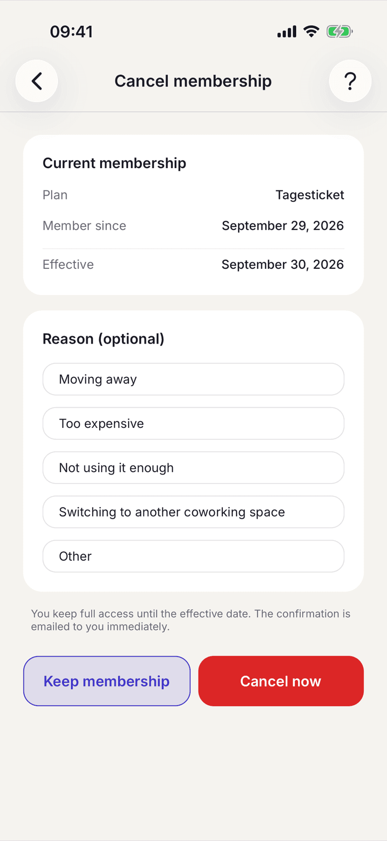 Cancellation screen with plan and effective date