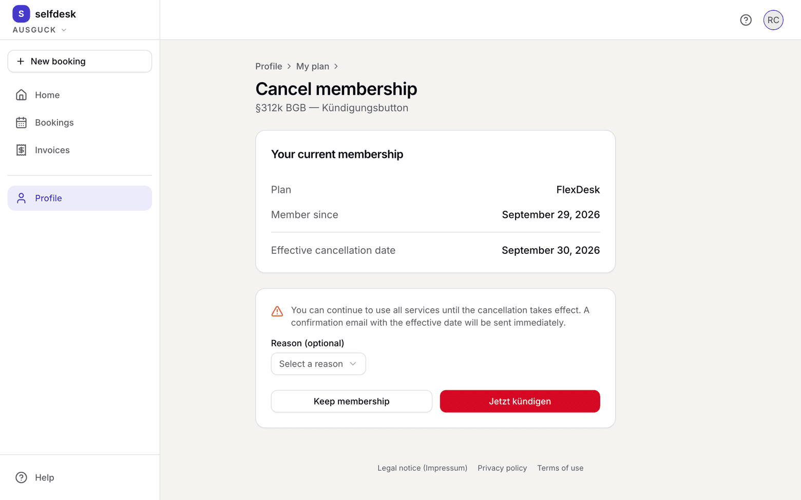 Cancellation page in the browser with the effective date
