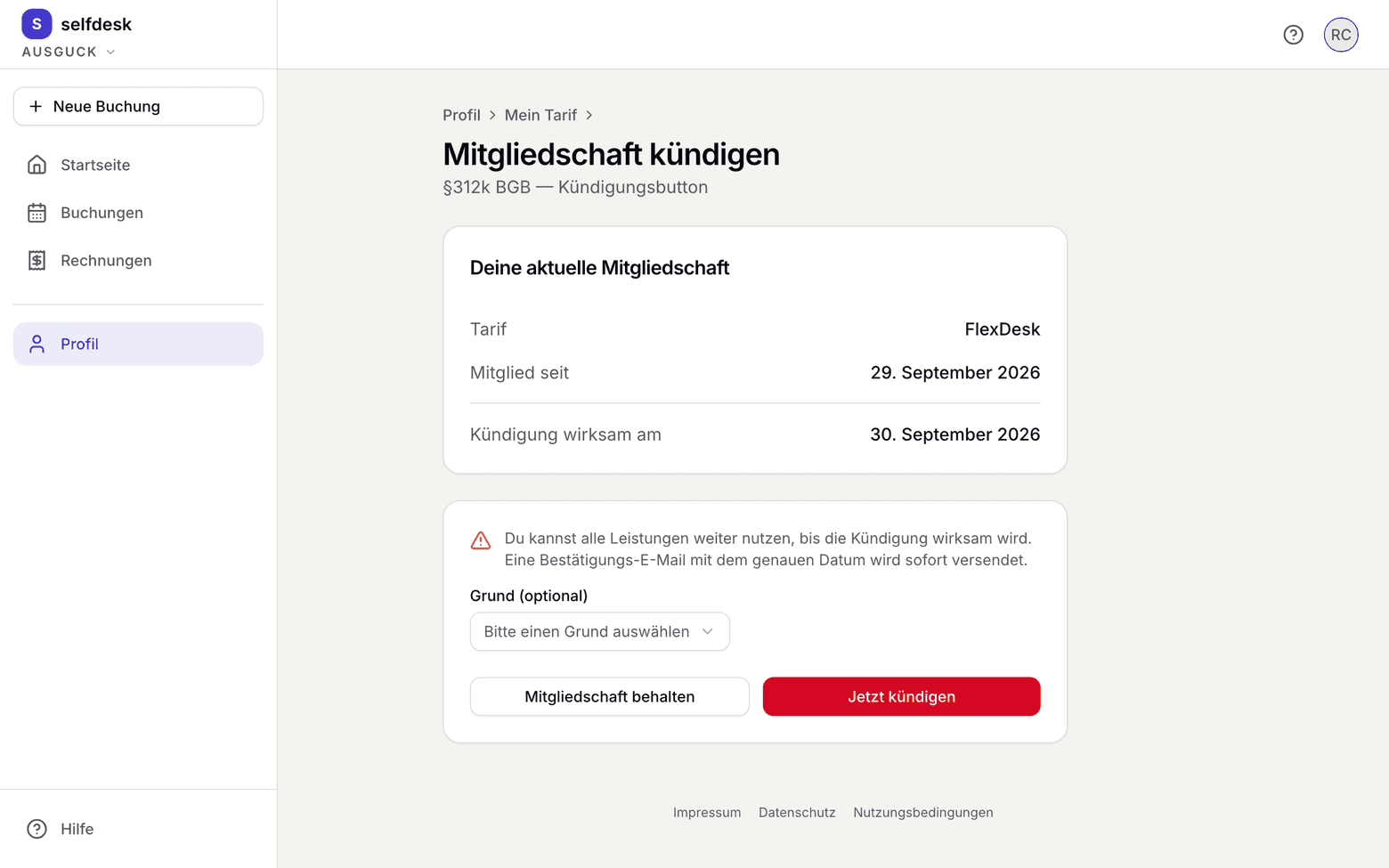 Kündigungsseite im Browser mit dem Wirksam-Datum
