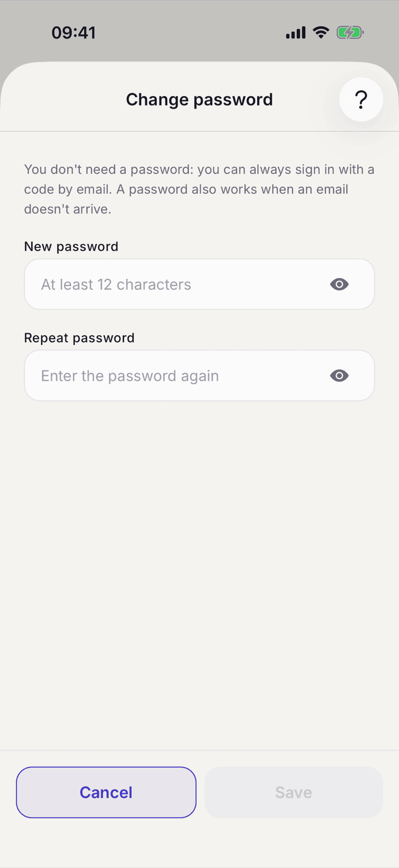 Change password with the New password and Repeat password fields