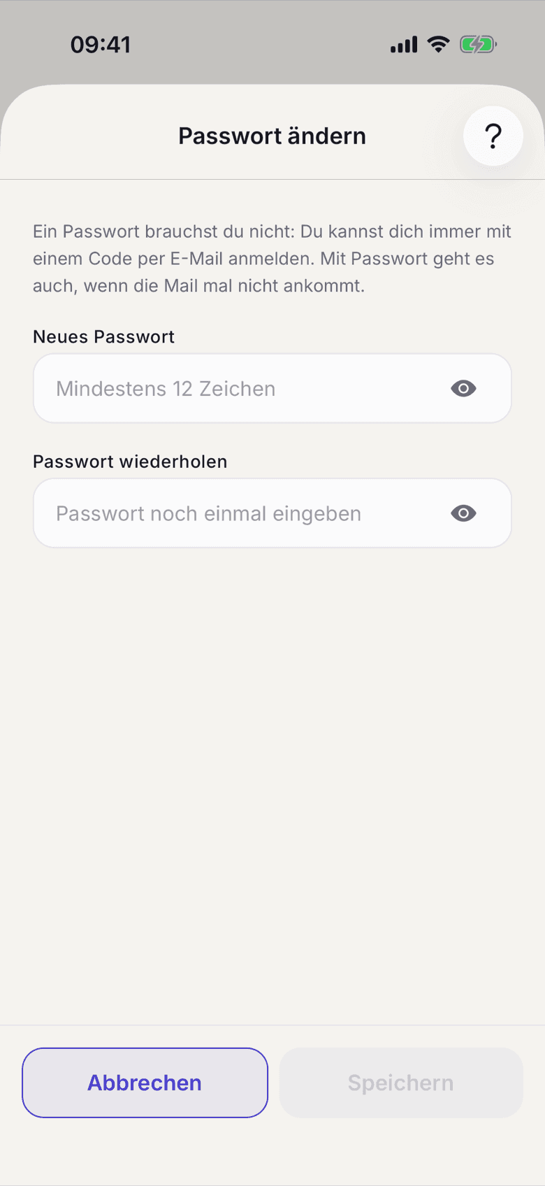 Passwort ändern mit den Feldern Neues Passwort und Passwort wiederholen