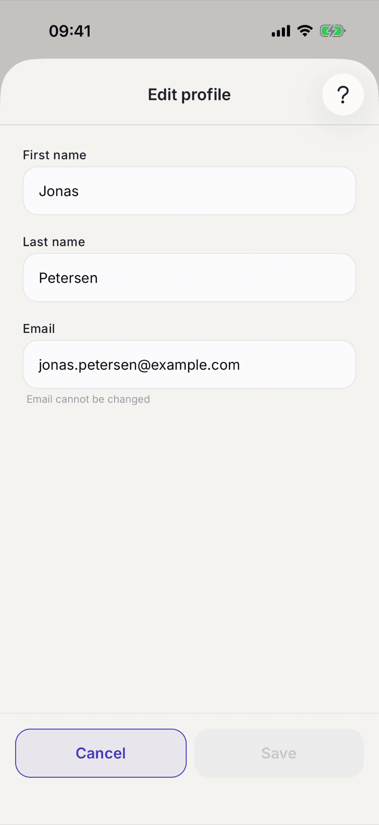 Edit profile with first name, last name and email