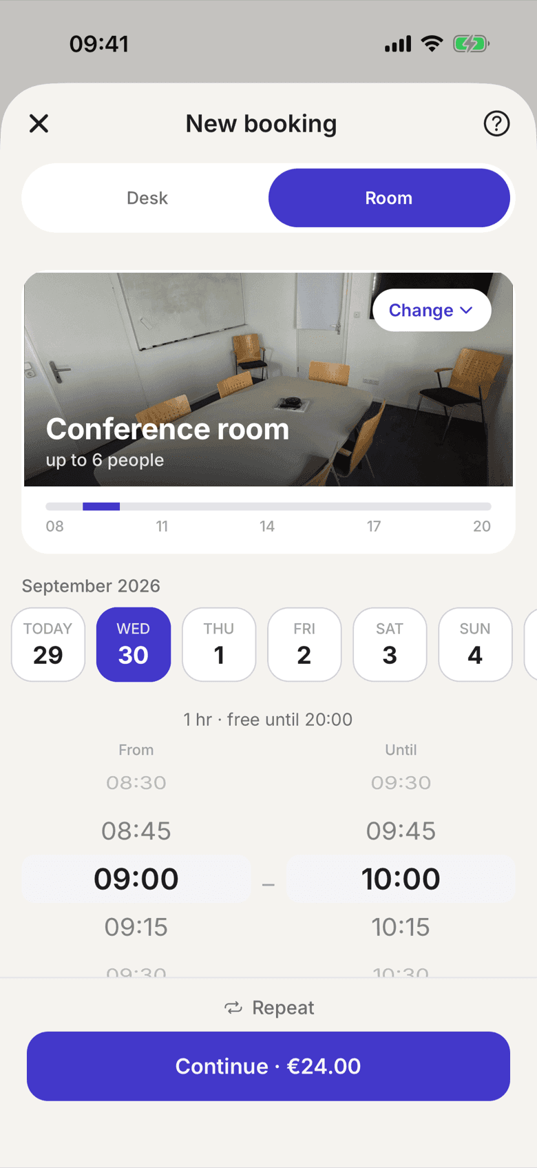 New booking in the Room tab with the time wheels, the free-until line and the price in the button
