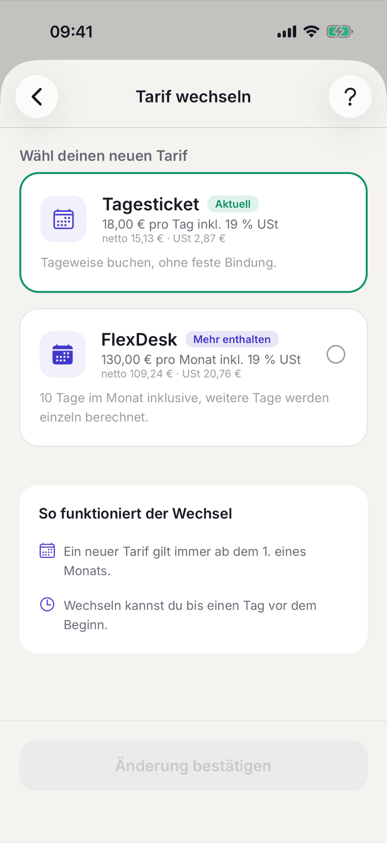 Vertrag ändern mit dem jetzigen Tarif und der Liste der wählbaren Tarife