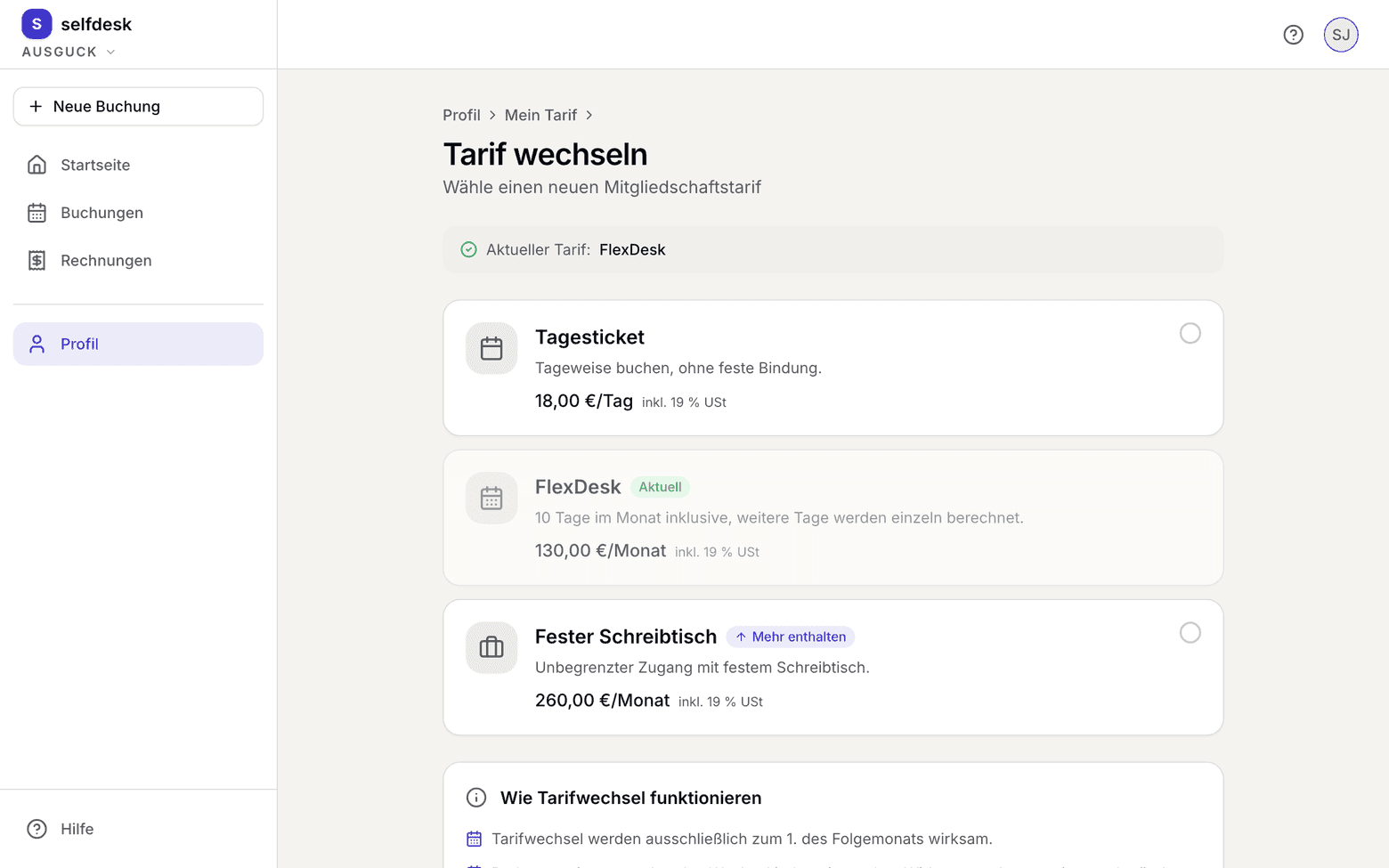 Tarif wechseln im Browser mit dem aktuellen Tarif und der Auswahl