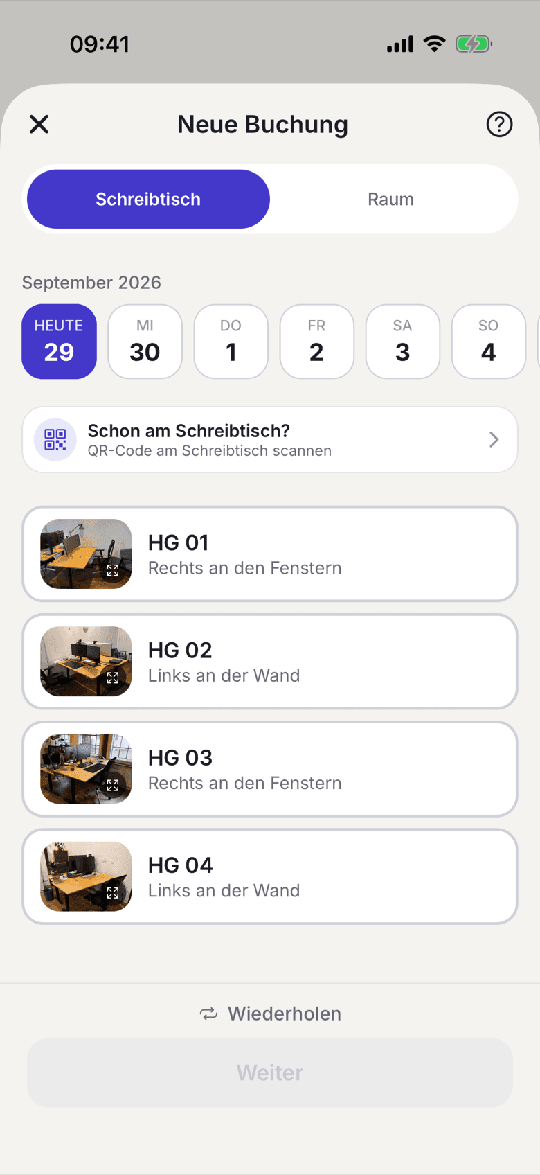 Neue Buchung mit dem Reiter Schreibtisch, der Datumsleiste und der Schreibtischliste