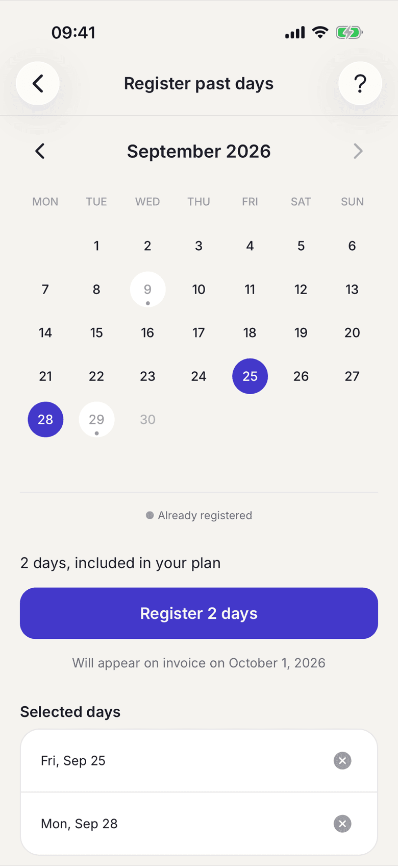 Calendar with selected and already registered days