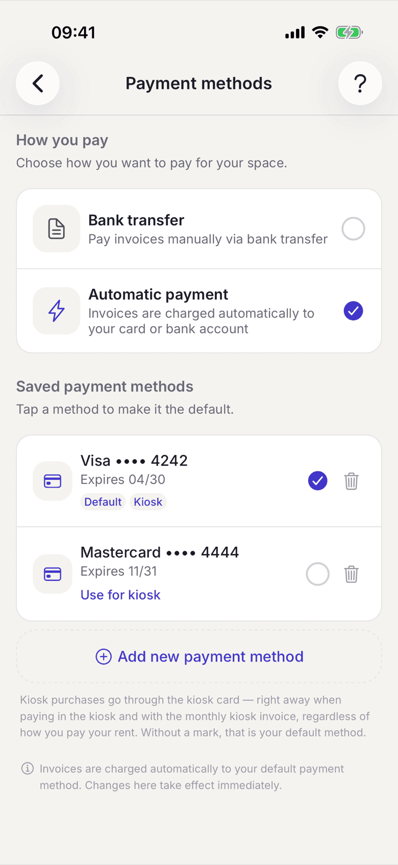 List of stored payment methods with the default badge