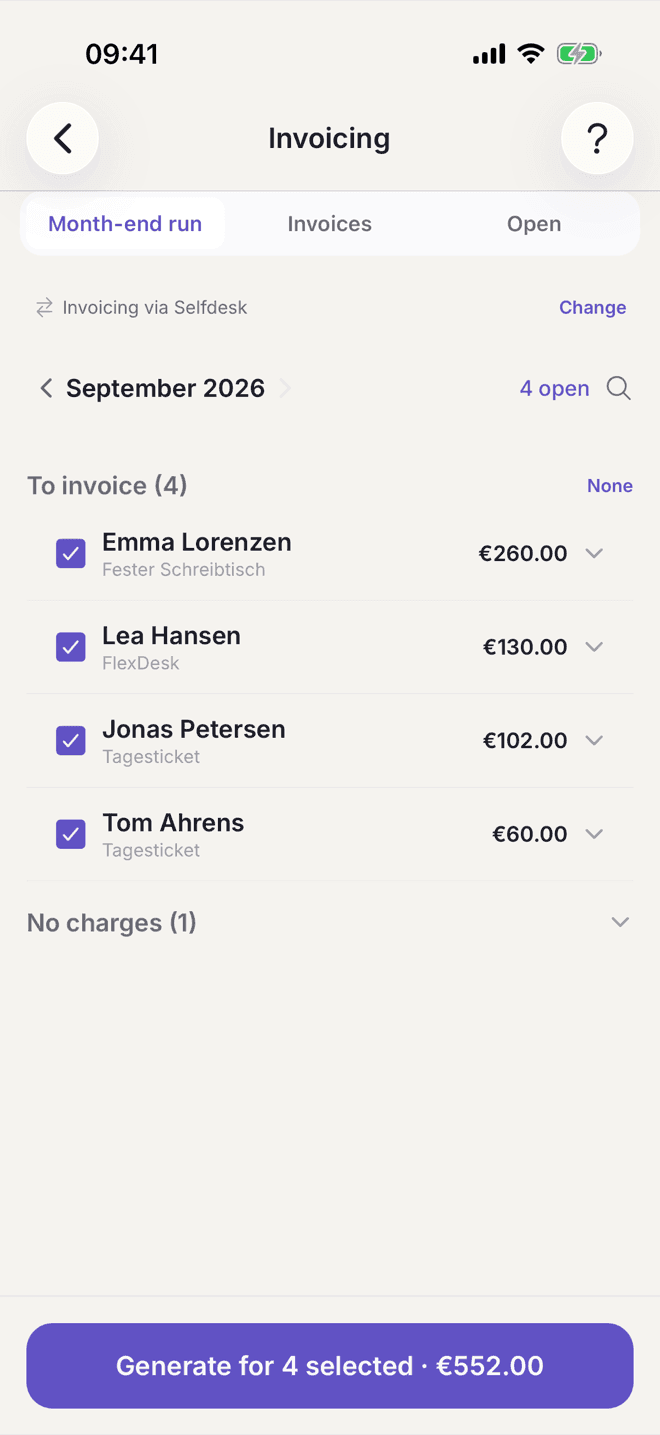 Selfdesk app for operators: month-end run with four members and the button that creates the invoices