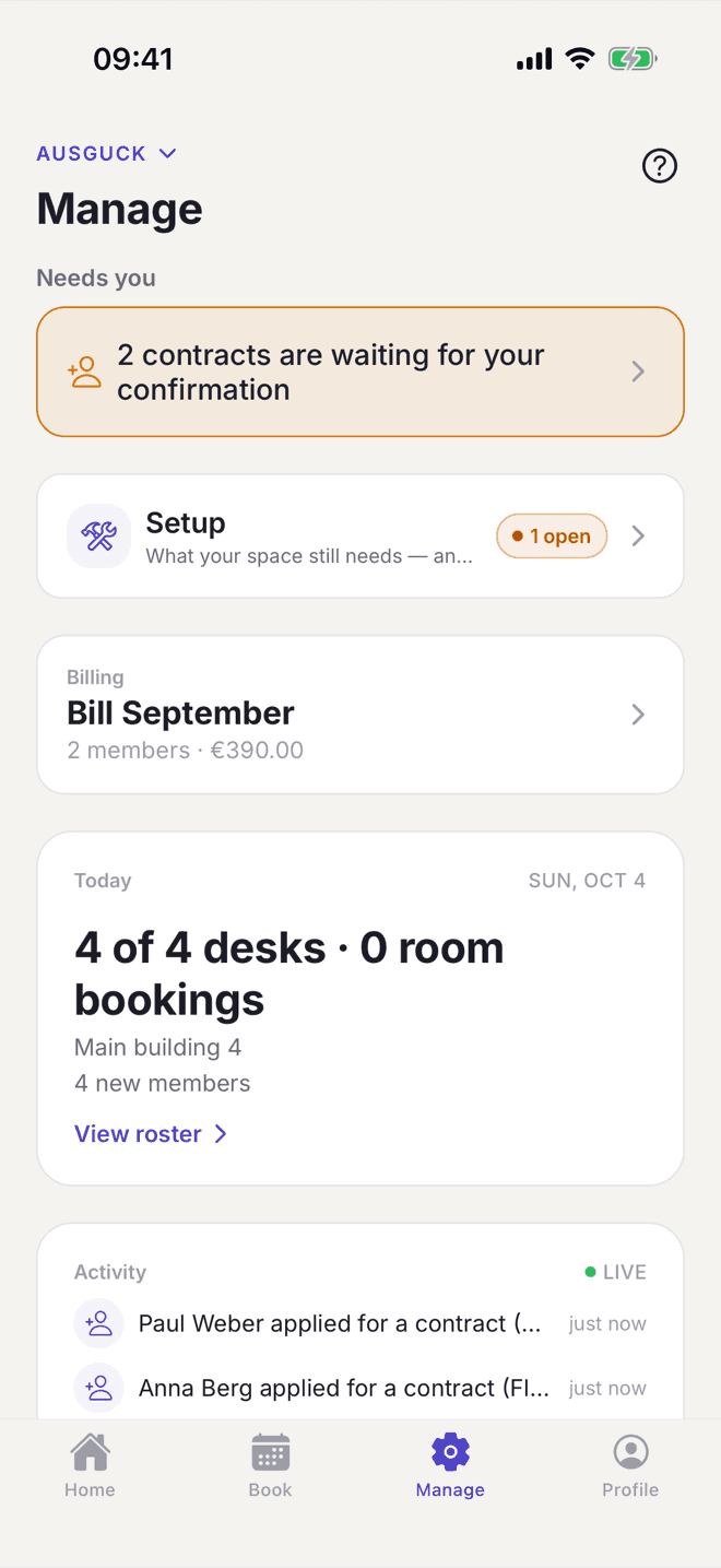 Selfdesk app for operators: Manage with two contracts to confirm, the month's billing and today's occupancy