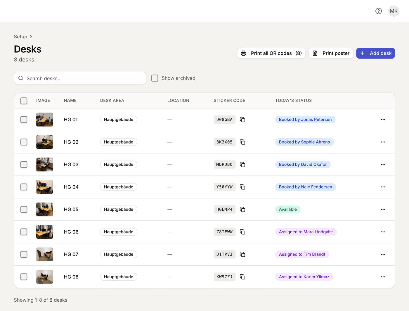 Selfdesk dashboard for coworking management: list of desks with photos and sticker codes