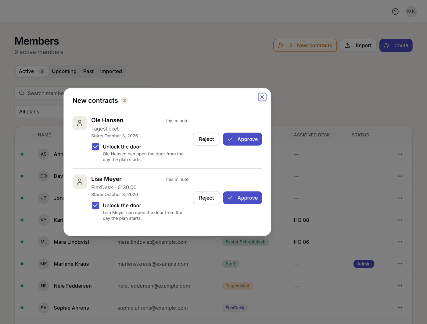 Selfdesk dashboard: members with new contracts to confirm