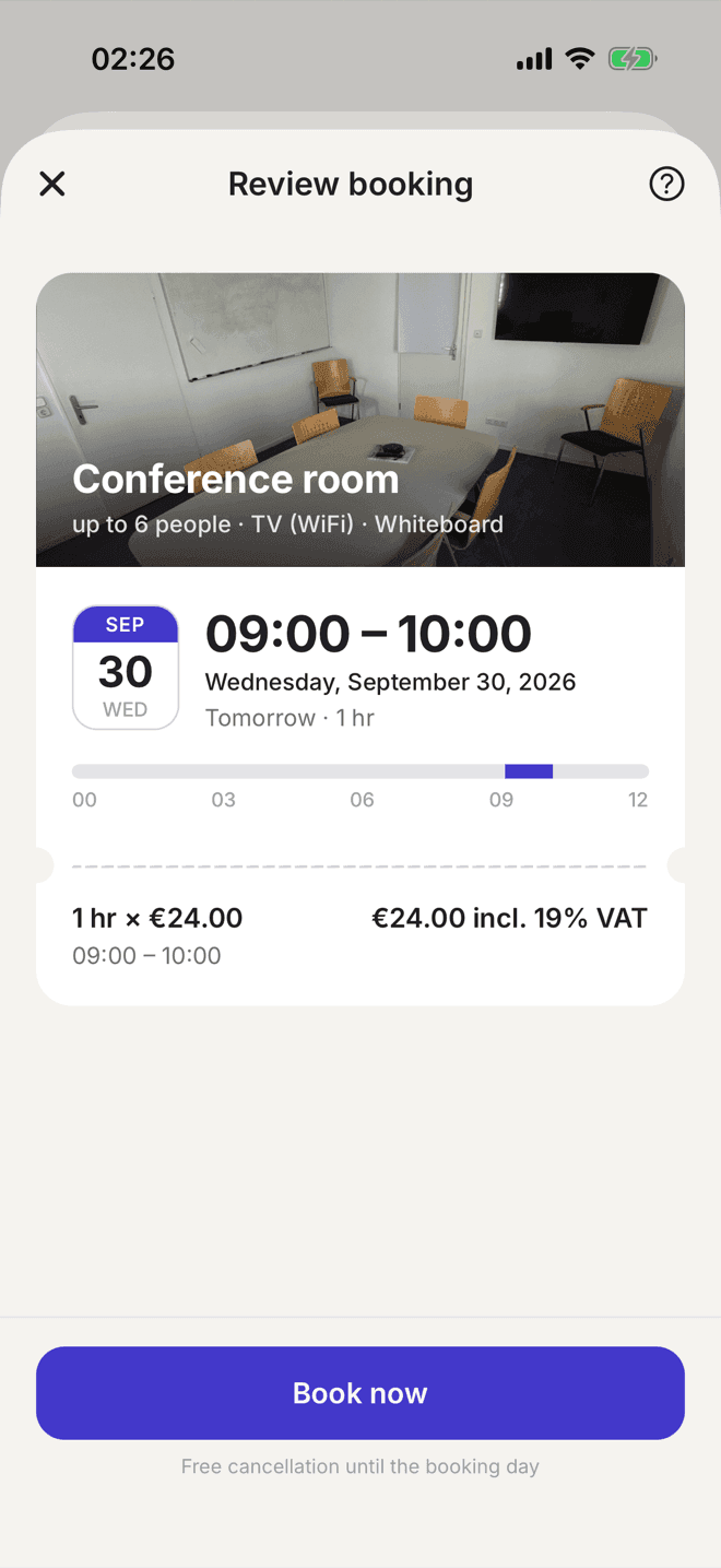 Selfdesk app: booking a meeting room with photo and price
