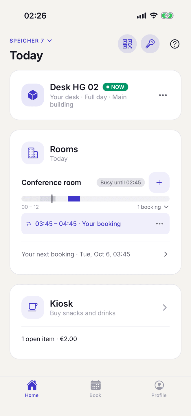 Selfdesk app: today view with the booked desk